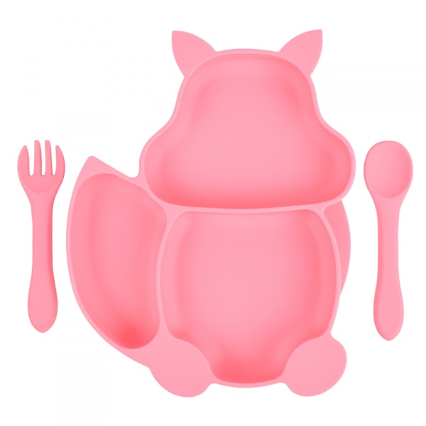 Baby Plate Bowl, Baby Cutlery Set Mini Silicone Dinner Tableware (Dinner Plate + Wooden Handle Spoon) Pink