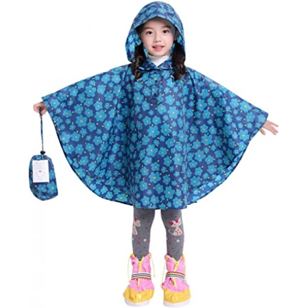 Kids Rain Poncho Hooded Jacket Rain Coat, Blue Flower, S