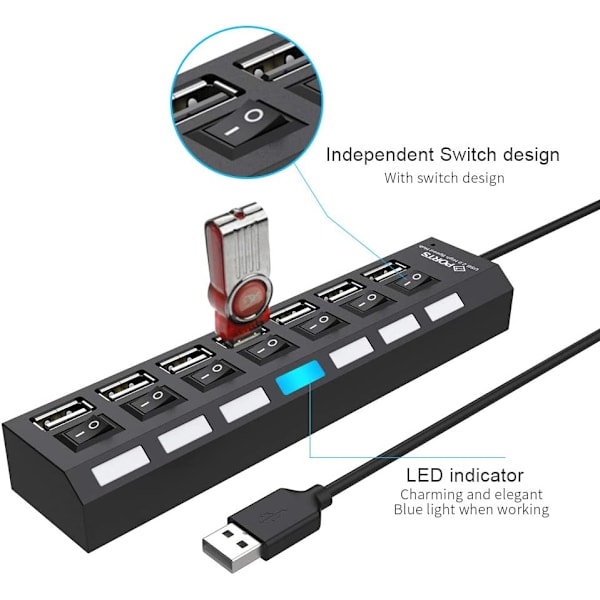 Multi USB Hub Splitter, 7-Port USB 2.0 Hub för bärbar dator, USB Port Expander med On/Off individuell switch kompatibel för alla USB enheter, 4-pack
