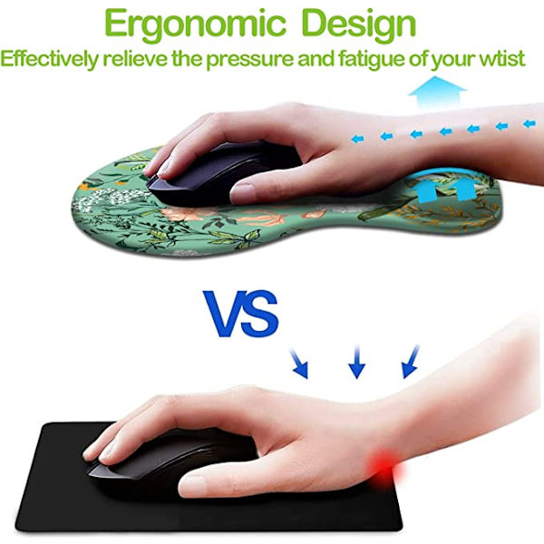 Ergonomisk musmatta med handledsstöd, söta musmattor med halkfri PU-bas för hemmakontor, studier, enkel skrivning och smärtlindring, grönt blommigt