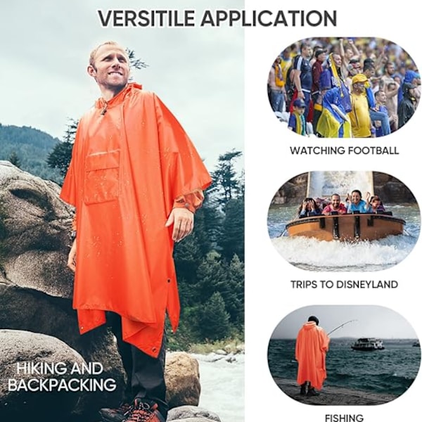 Regnponcho med huva för vuxna med ficka - Vattentät lättvikts unisex-regnrock för vandring, camping och nödsituationer orange