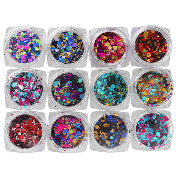 12 flaskor nagelkonst runda paljetter glitter glanspulver manikyr dekoration