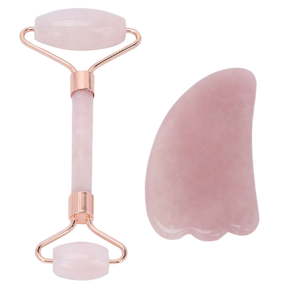 Dubbelhuvud Roller Massager Ansiktskropp Gua Sha Skrapbräda Massageverktyg SetRosa
