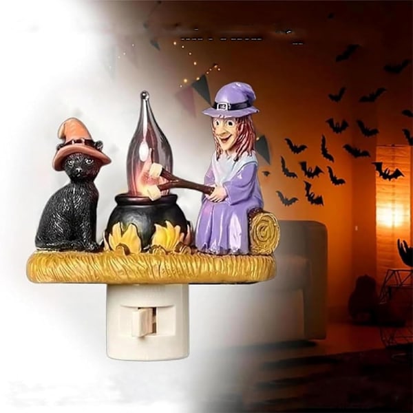 Leirinuotiotyylinen yövalo 1 kpl Noita ja Kissa Väreilevä Yövalo 2024 Halloween Yövalo 3D LED Väärennös Leirinuotiotyylinen Yövalo Liitä Virtaan W