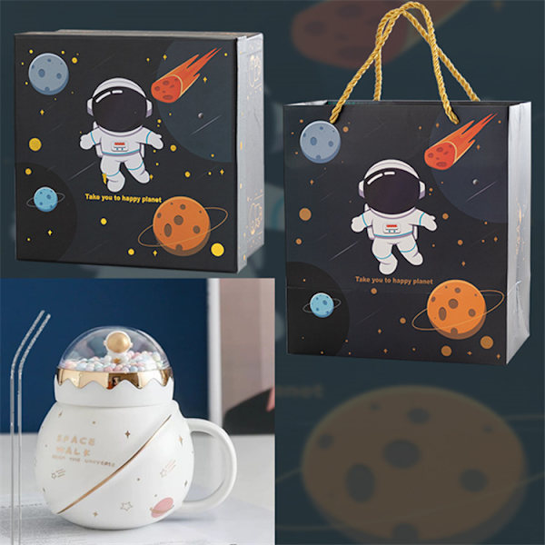 Søt Astronaut Planet Keramisk Krus med Lokk Stor Kapasitet Krus Kreativ og Praktisk Gave til Familie og Venner, med Utsøkt Gaveeske