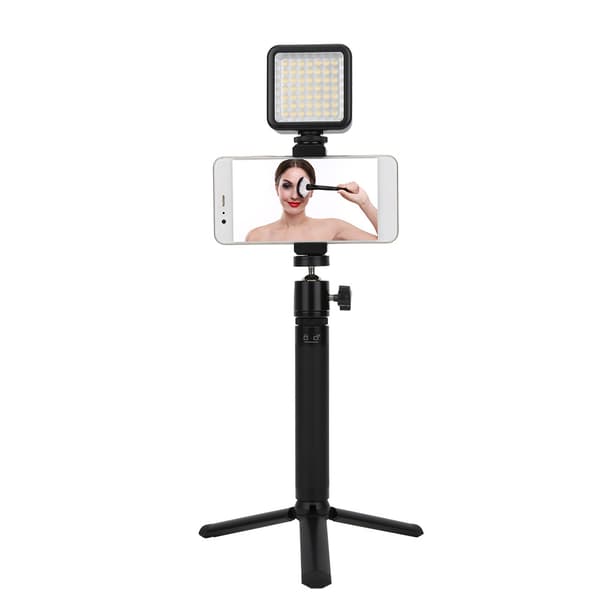 Mobiltelefon Live Beslag Selfie Stick Desktop Forlængerstang Fast Stativ LED Lys Kit