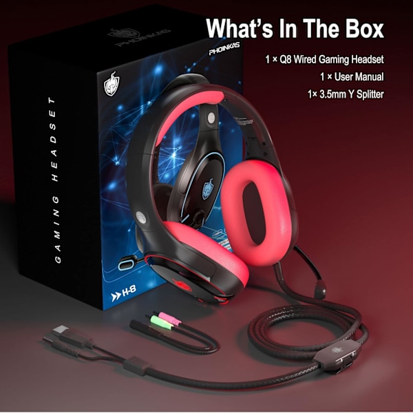 H-8 PC Gaming Headset til PS4, PS5, Controller, Xbox One Headset med stereolyd, Over Ear-hovedtelefoner med støjreducerende mikrofon, L