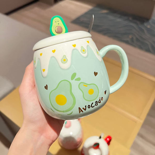 Høj skønhedskop med låg ske krus kvindelig studerende koreansk version dejlig ins kaffekop husholdning keramisk morgenmad kop (Avocado krus)