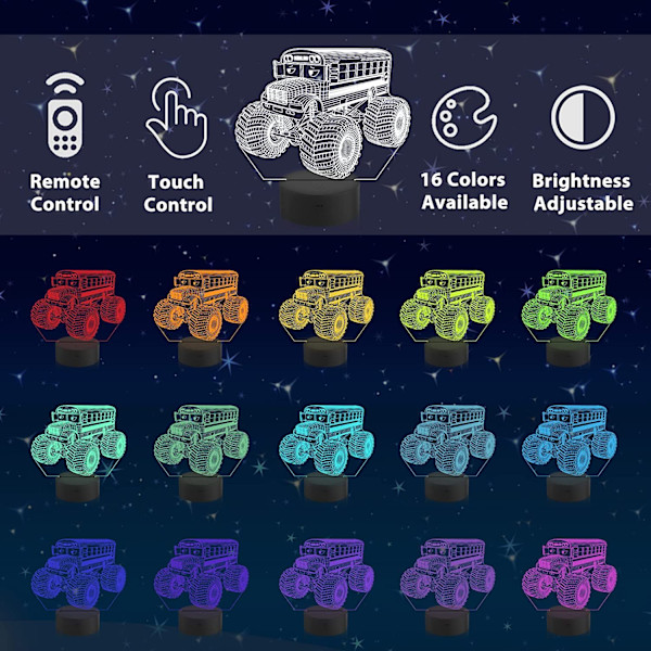 Qinwei Monster Trucks Nattlampa Busgo 3D Illusion Lamp  16 Färger Ändras med Fjärrkontroll Kreativa Födelsedagspresenter för Barn Pojkar Sovrumsdekor