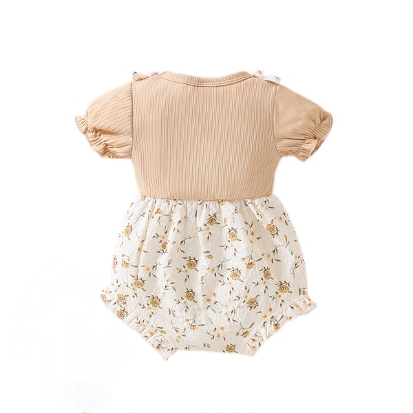 Flickor Blommig Romper Suspender Shorts Ruffled Puff Sleeve Bodysuit Jumpsuit One Piece Sommar Outfit --- Khaki（Storlek 80）