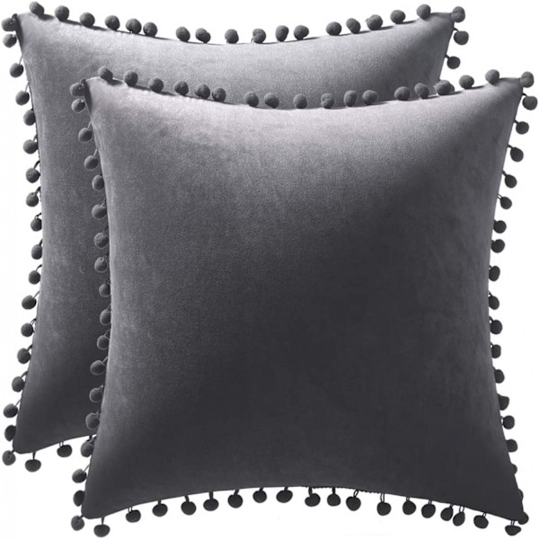 Heittotyynynpäälliset 18x18 tuumaa / 45x45 cm 2-pakkauksessa Mukava Pehmeä Pom-pom-Sametti Neliömäinen Koristetyynynpäällinen Maalaistalon Koti Sisustukseen (Tummanharmaa)