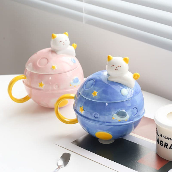 Prinsessmugg med lock 3D-mugg Keramisk kaffekopp Kid Tecknad Mjölkmugg Tekopp Presentkontor Hem (kattutrymme, rosa, 450 ml)