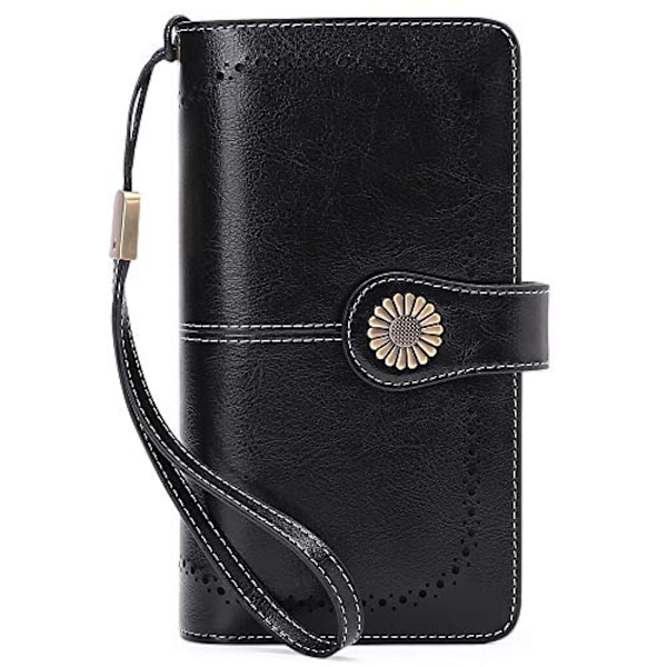 Plånböcker för kvinnor Läder Kreditkortshållare med RFID-blockering Stor kapacitet Wristlet, 1-Wax-Svart