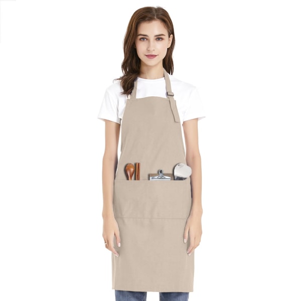 Justerbart förkläde i bomull Canvas med 2 framfickor, köksförkläde för matlagning och bakning - kaffefärg L