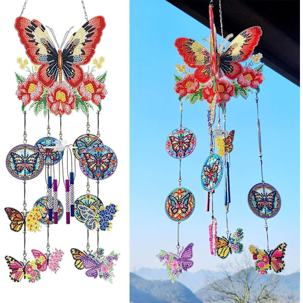Diamantmålning Vindspel, Solfångare Konst Vindspel Kit Dubbelsidig 5D Fjäril och Kolibri Hängande Ornament för Vuxna Butterfly B