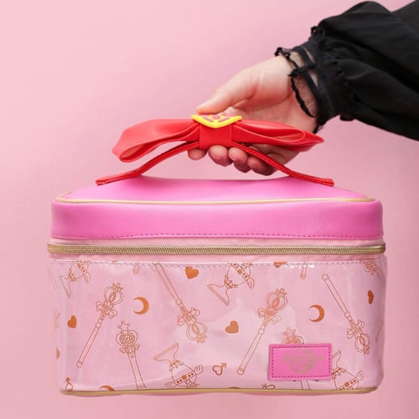 AVEKI Sailor Moon sminkväska, bärbar rese-kosmetikaväska i läder, sminkorganisatör, present till flickor och kvinnor, rosa