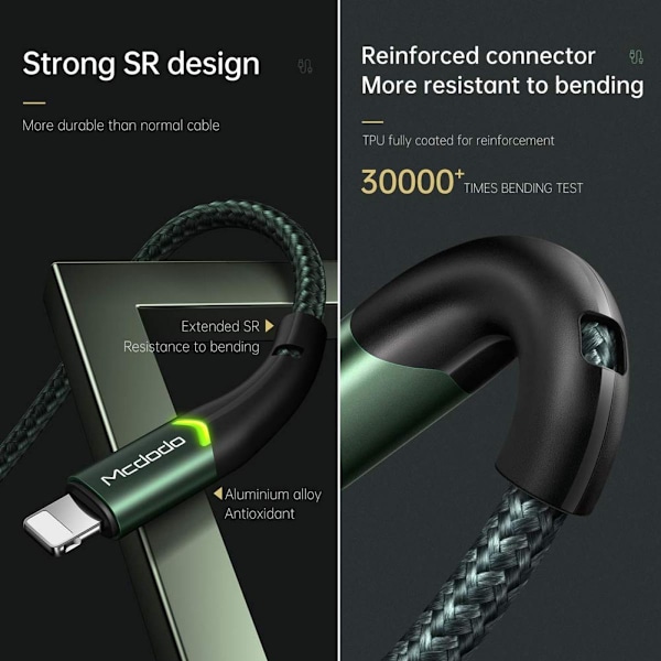 USB-Lightning iPhone -datakaapeli ja latauskaapeli, tukee nopeaa latausta ja datan synkronointia (Vihreä, 1,2 m), Nylonpunottu, USB-A, Yhteensopiva