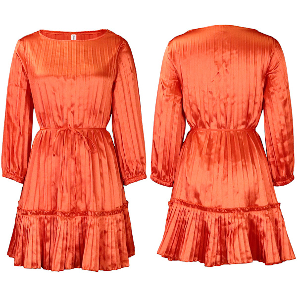 Elegant plissert kort ermet høy midje belte A-linje kort kjole for kvinner (oransje M)