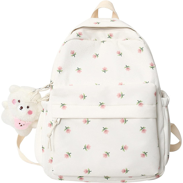 ZFOFLIK Mini Flower skolväska för tonårsflickor Kawaii Blommig ryggsäck för flickor Kvinnor Student Estetisk Söt liten bokväska (vit)