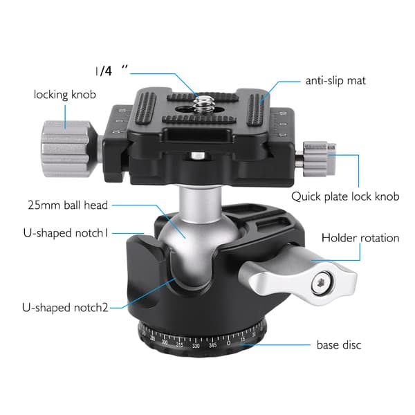 360° rotasjon D25R luftfart aluminiumslegering CNC kulehode kulehode skrufeste stativ for kamera