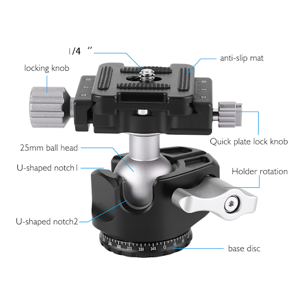 360° Rotation D25R Flygplans Aluminiumlegering CNC Kulhuvud Kulhuvud Skruvfäste Stativ för Kamera