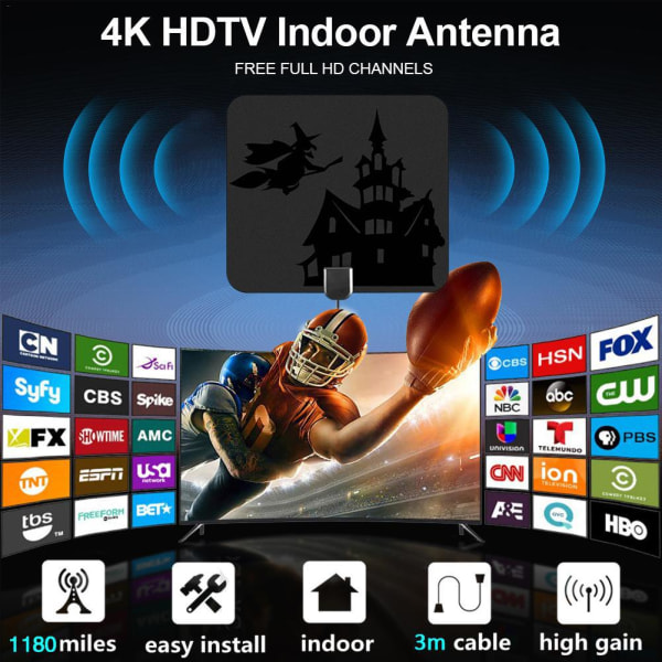 Förstärkt HD Digital TV-antenn Lång 1180 Miles Räckvidd - Stödjer 4K 1080p och Alla TV-apparater - Inomhus Smart Switch Förstärkare Signal Booster