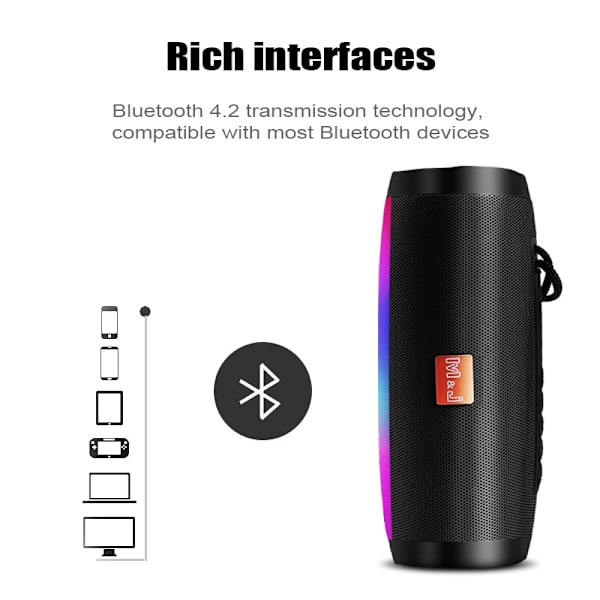 Trådlös Bluetooth-högtalare svart Bärbar högtalare Kraftfull hög utomhusbas TF FM-radio med LED-ljus
