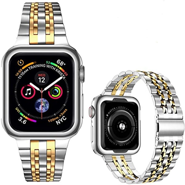 Kompatibel med Apple Watch-rem 42mm 44mm 45mm, Solid Stainless Steel Metal Strap for iWatch Series, Sølv/Gull