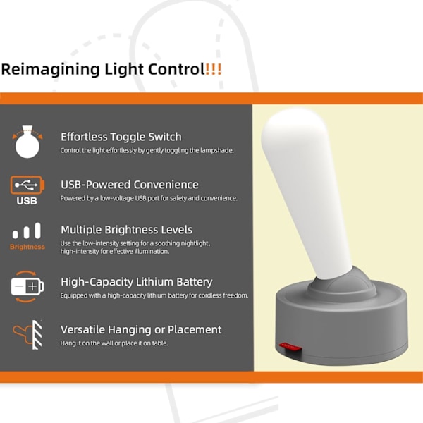 Natlampe til Børn, Bærbar Sengebordslampe med Dæmpbar Toggle-Lys, Vægmonterbar Natlampe med USB-Opladning, Moderne Natlampe Gray