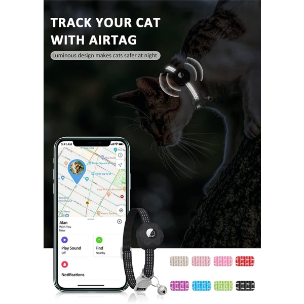 Reflekterande katthalsband med AirTag, säkerhetshalsband för kattungar med AirTag-hållare och klocka (svart)