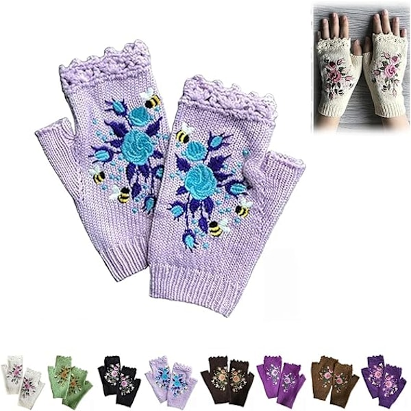 Handbroderade Vantar, 2023 Nya Damernas Stickade Vantar Blommiga Vantar, Vinter Handgjorda Broderade Stickade Fingervantar, 02