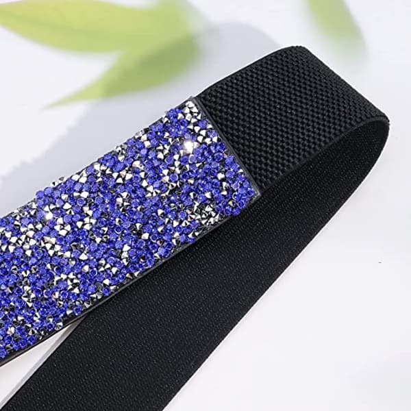 Elastisk belte med strass for kvinner, bredt midjebelte med elastisk bling-krystall, blå diamant + svart belte, 70 cm