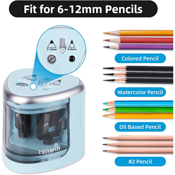 Elektrisk pennvässare för färgpennor, batteridriven pennvässare för No.2 och 6-12mm pennor, dubbla hål för kontoret blue