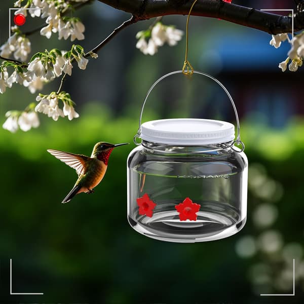 Mason Jar Kolibri Foderautomat med 2 Silikone Blomsterporte Vildfuglefoderautomat Krukke til Udendørs Ophængning til Udendørs Ophængning Have