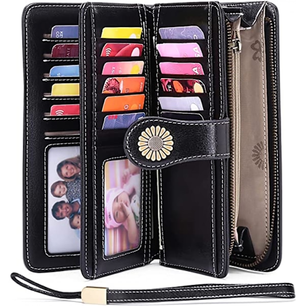 Plånböcker för kvinnor Läder Kreditkortshållare med RFID-blockering Stor kapacitet Wristlet, 1-Wax-Svart