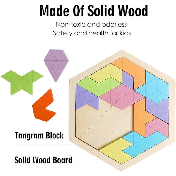 Skrtuan Trä Hexagon Pussel för Barn Vuxna Träblock Pussel Hjärngåta Leksak Form Mönster Block Tangram Pusselspel Familj