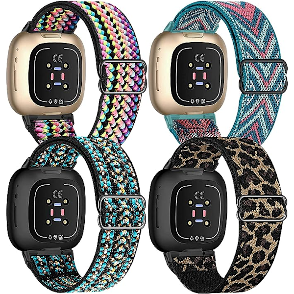 4-osainen joustava nailonhihna, joka on yhteensopiva Fitbit Versa 3 / Fitbit Sense -älykellojen kanssa, säädettävä joustava kangasälykello urheiluranneke（BohoRainbow/Green Arrow