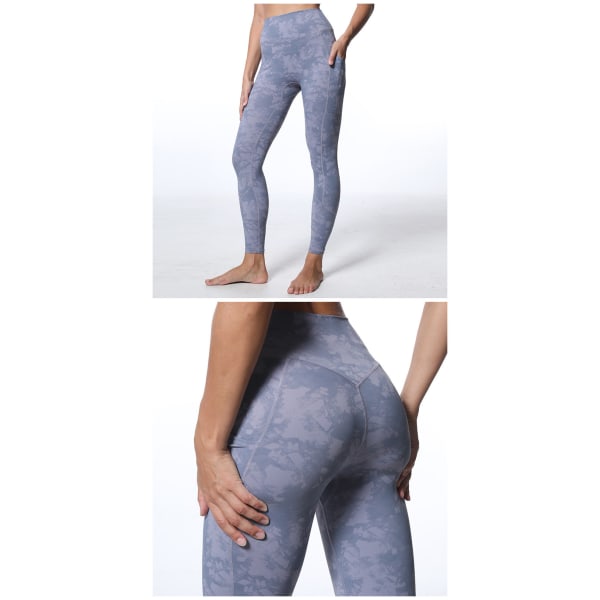 Yogaleggings med hög midja med fickor, bukträning Löpyogabyxor för kvinnor (blått print )