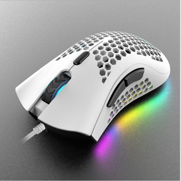 Lättviktig spelmus med sladd, cellulär design, bärbar mus med RGB-bakgrundsbelysning, USB-port, 7200 DPI, datormus för Windows Mac Laptop, vit