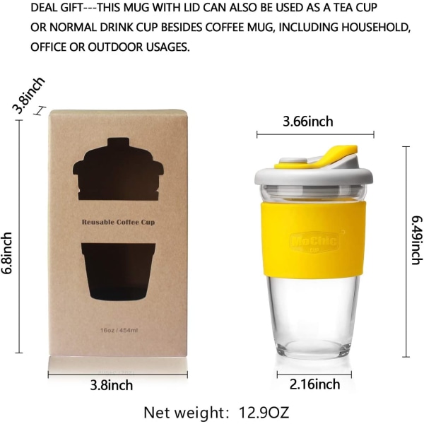 Uusiokäyttöinen Lasinen Kahvikupillinen Matkamuki Kansi ja Liukumaton Kotelo Turvallinen Kannettava Kestävä Juomatölkki BPA-vapaa (Sitruunankeltainen, 16oz/454ml)