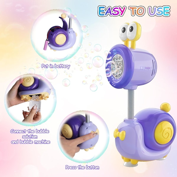 Snigel Automatisk Uppladdningsbar Bubbelmaskin för Pojkar och Flickor, Present från 3 år, Bubbelpistol med Belysning, Fantastisk Bubbelstav purple