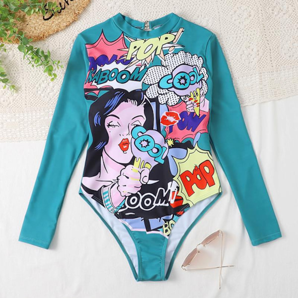 Kvindebadedragt i ét stykke med blomsterprint, badedragt med rygløs rashguard, sød badedragt med lange ærmer til kvinder og piger, våddragt, Style1-blå, M