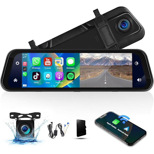 Speil Dash Cam med trådløs Apple CarPlay Android Auto, 1080P Front og bakre Dual Dash Cam for biler, lastebiler, 9,66 '' IPS Touchscree