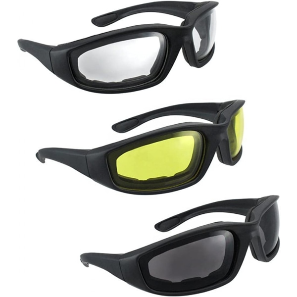 3 par UV-beständiga motorcykelglasögon, vind- och dammbeständiga glasögon, cykelsolglasögon - grå, gul, genomskinlig