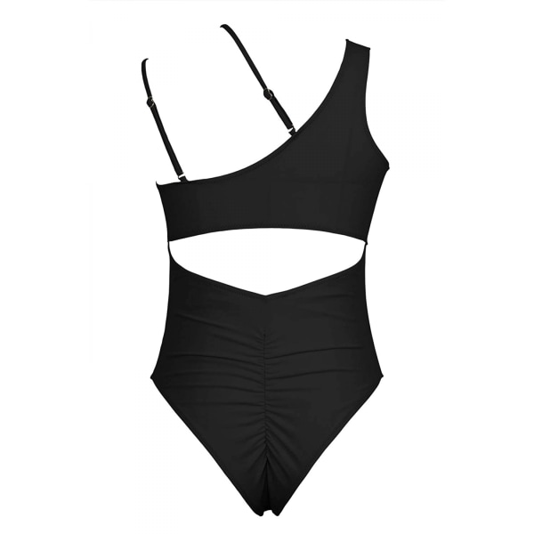 Dame One Shoulder Cutout Ruched Back High Cut Monokini One Piece Badedrakt, Svart, S