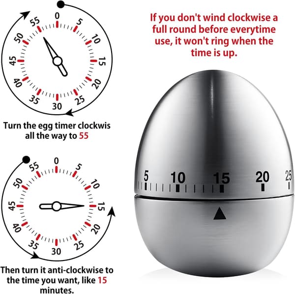 60-minutters mekanisk timer i rustfritt stål, eggformet, roterende nedtelling, kjøkkendings for matlaging, baking, arbeid, studier og daglig bruk sliver