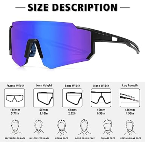 Polarisoidut urheiluaurinkolasit miehille ja naisille, ajoon, kalastukseen, pyöräilyyn ja maastopyöräilyyn, UV400-suoja Black Frame-blue Mirror Lens