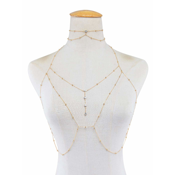 Krystall Rhinestone Bead Body Chain Harness Body Jewelry Bikini Bra Uendelig Personlighet Body Chain Tilbehør for Kvinner og Jenter (Gull)