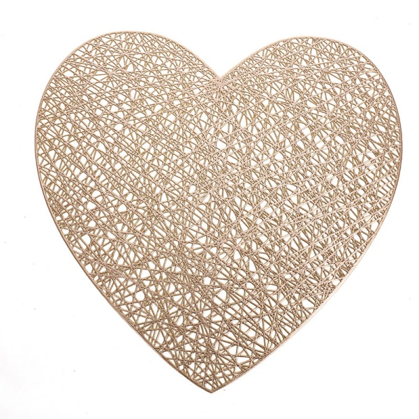 Gold Placemats Set of 6, Pressed Vinyl Metallic Place Mats for Dining Table, Hollow Out Heart Shaped Table Mats for Wedding