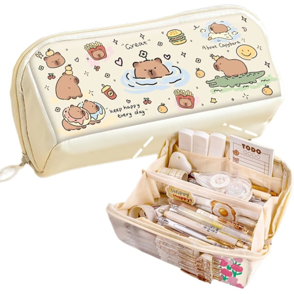 Pencil Pouch Multi-Layer Stor Kapacitet Capybara Print Særpræget Sjov Sød (Beige-2) Beige-2